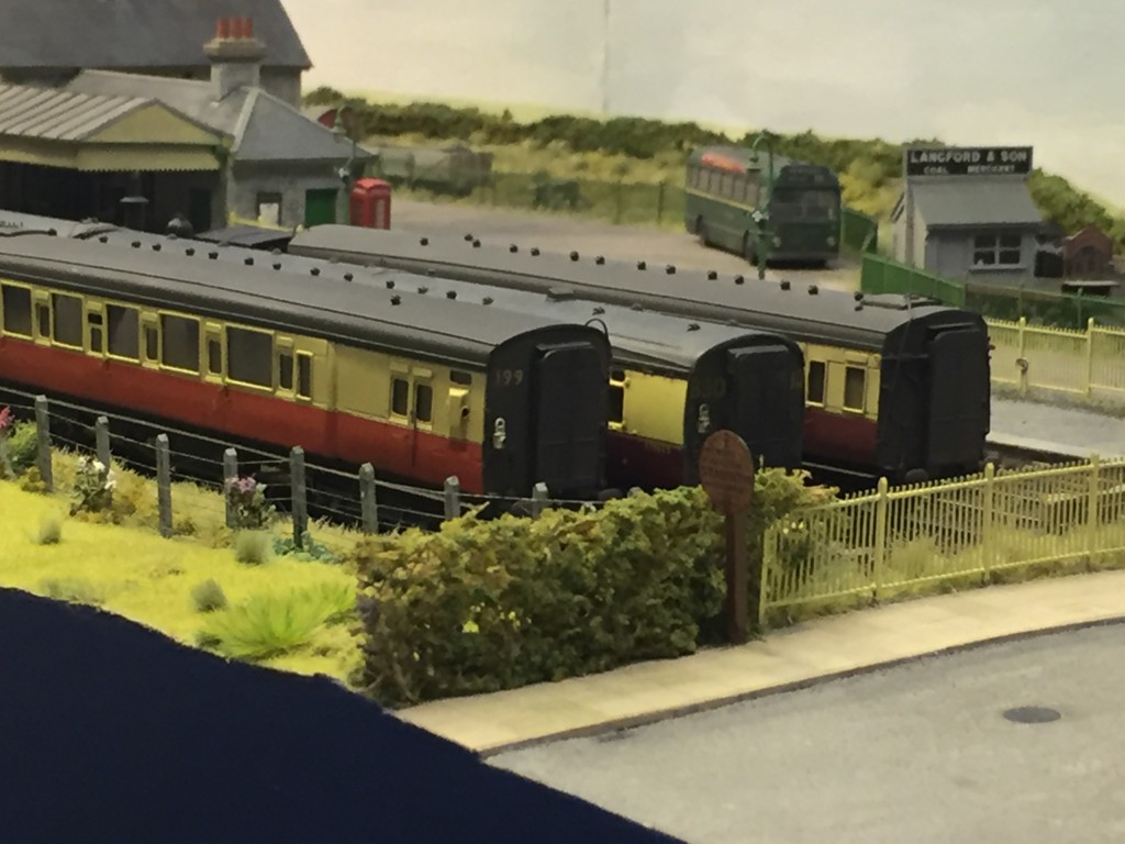 Three coaches seen in sidings on the St Merryn model